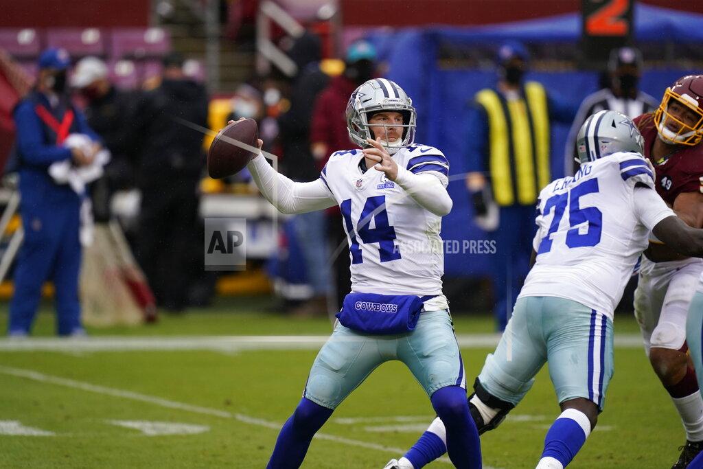 Patrick Semansky Dallas Cowboys quarterback Andy Dalton (14) passing the ball against Washington Football Team in the first half of an NFL football game, Sunday, Oct. 25, 2020, in Landover, Md. (AP Photo/Patrick Semansky)