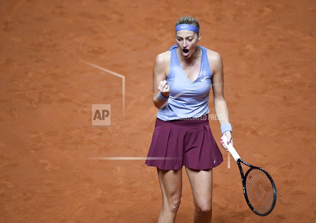 Thomas Kienzle Petra Kvitova of the Czech Republic reacts as she plays Jennifer Brady of the United States during their match at the WTA tennis tournament in Stuttgart, Germany, Tuesday, April 20, 2021. (Thomas Kienzle/Pool via AP)