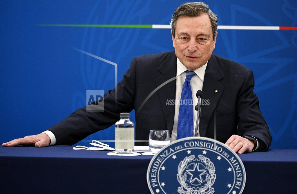 Riccardo Antimiani Mario Draghi speaks during a press conference in Rome Thursday, April 8, 2021. Italian Prime Minister Mario Draghi used strong words against Turkish President Recep Tayyip Erdogan and decried the treatment Ursula von der Leyen got in Ankara as “inappropriate.” (Riccardo Antimiani/Pool Photo via AP)