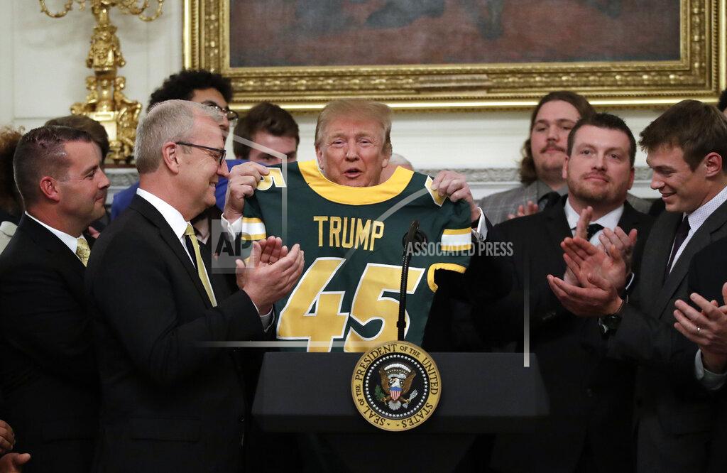 Carolyn Kaster President Donald Trump welcomes 2018 NCAA FCS College Football Champions, The North Dakota State Bison, to the White House in Washington, Monday, March 4, 2019. (AP Photo/Carolyn Kaster)