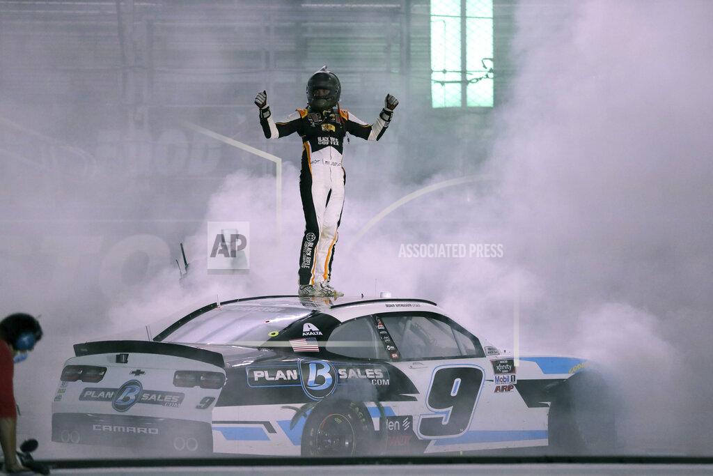 Mark Humphrey Noah Gragson (9) celebrates after winning a NASCAR Xfinity Series auto race at Bristol Motor Speedway Monday, June 1, 2020, in Bristol, Tenn. (AP Photo/Mark Humphrey)