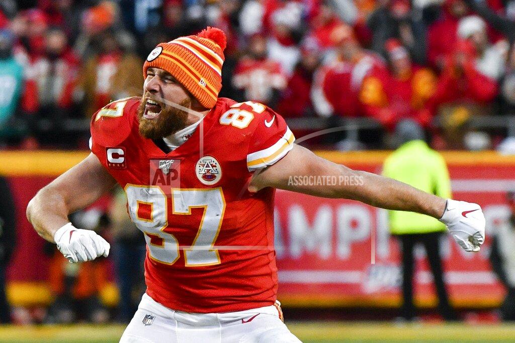 Ed Zurga Kansas City Chiefs' Travis Kelce celebrates after the NFL AFC Championship football game against the Tennessee Titans Sunday, Jan. 19, 2020, in Kansas City, MO. The Chiefs won 35-24 to advance to Super Bowl 54. (AP Photo/Ed Zurga)