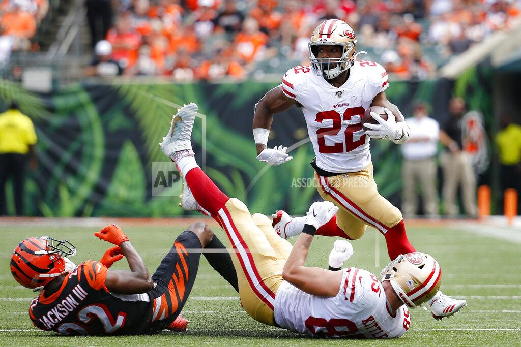 Frank Victores San Francisco 49ers running back Matt Breida (22) runs the ball during the second half an NFL football game against the Cincinnati Bengals, Sunday, Sept. 15, 2019, in Cincinnati. (AP Photo/Frank Victores)