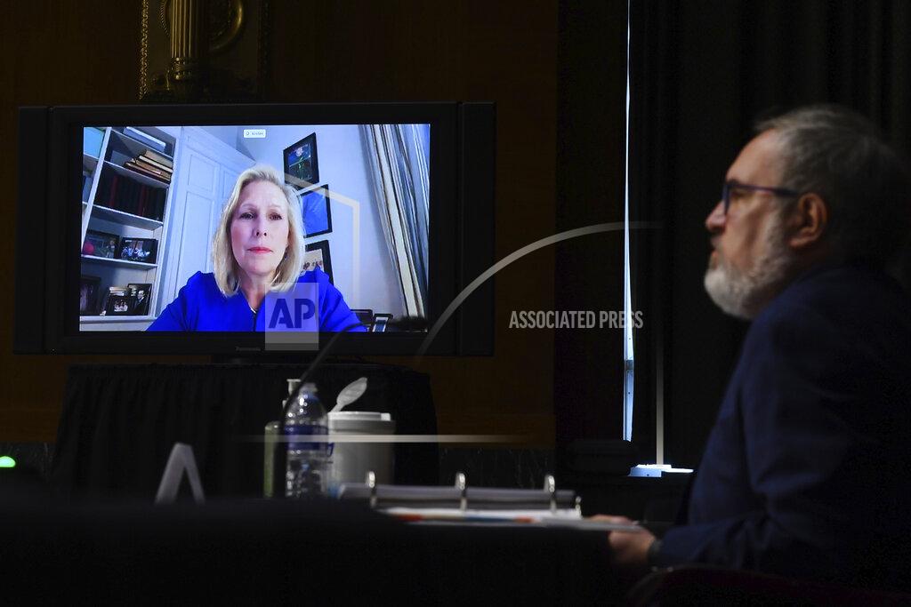 Kevin Dietsch Sen. Kirsten Gillibrand, D-N.Y., speaks virtually during a Senate Environment and Public Works Committee oversight hearing to examine the Environmental Protection Agency, Wednesday, May 20, 2020 on Capitol Hill in Washington, with Andrew Wheeler, administrator of the Environmental Protection Agency, left. (Kevin Dietsch/Pool via AP)