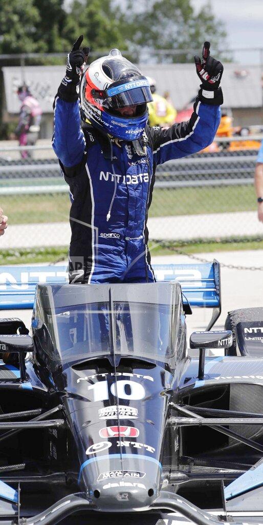 Gary C. Klein IndyCar driver Felix Rosenqvist reacts after winning auto race two of the REV Group Grand Prix, Sunday, July 12, 2020, at Road America in Elkhart Lake, Wis. (Gary C. Klein/The Sheboygan Press via AP)