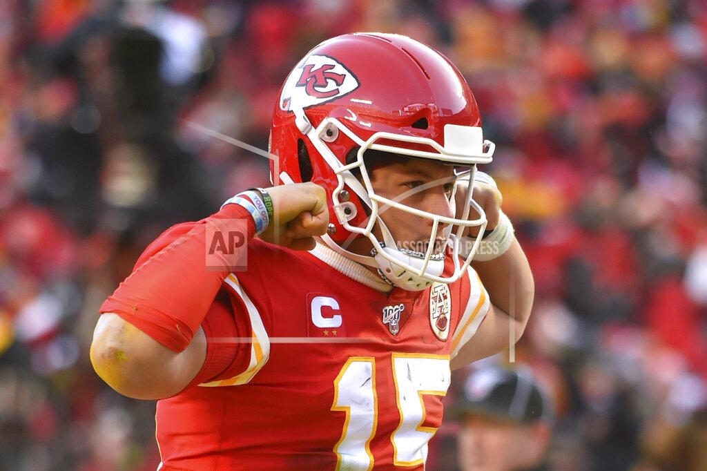 Ed Zurga Kansas City Chiefs' Patrick Mahomes reacts after running for a touchdown during the first half of the NFL AFC Championship football game against the Tennessee Titans Sunday, Jan. 19, 2020, in Kansas City, MO. (AP Photo/Ed Zurga)