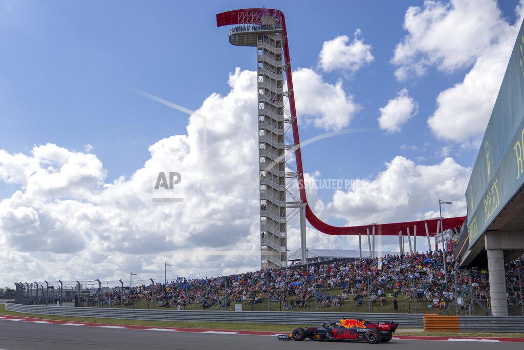 Nick Didlick Red Bull driver Max Verstappen, of the Netherlands, drives into a turn during a practice session for the Formula One U.S. Grand Prix auto race at the Circuit of the Americas, Saturday, Oct. 23, 2021, in Austin, Texas. (AP Photo/Nick Didlick)