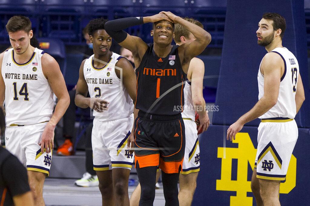 Robert Franklin Miami's Anthony Walker (1) reacts after getting called for an offensive foul during the second half of an NCAA college basketball game against Miami on Sunday, Feb. 14, 2021, in South Bend, Ind. Notre Dame won 71-61. (AP Photo/Robert Franklin)