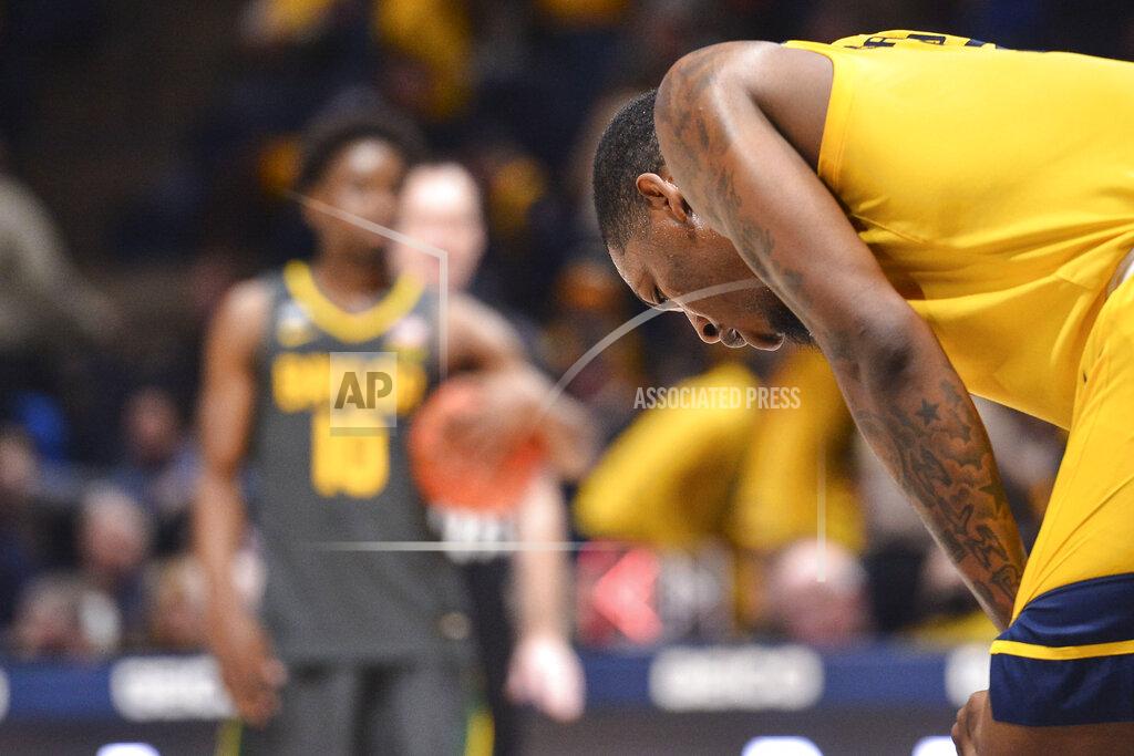 William Wotring West Virginia forward Gabe Osabuohien (3) reacts as time as expires during the second half of an NCAA college basketball game against Baylor in Morgantown, W.Va., Tuesday, Jan. 18, 2022. (William Wotring)