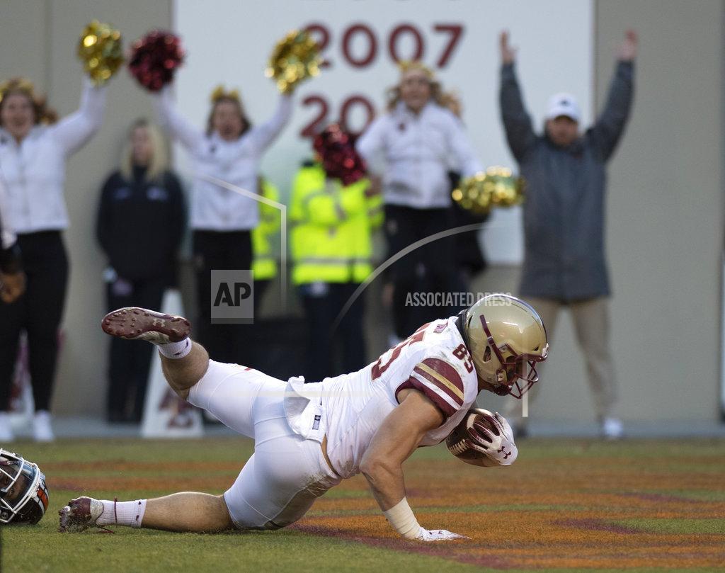Matt Bell Boston College tight end Korab Idrizi falls into the end zone for a touchdown during an NCAA college football game against Virginia Tech game in Blacksburg, Va., Saturday, Nov. 3, 2018. (AP Photo/Matt Bell)