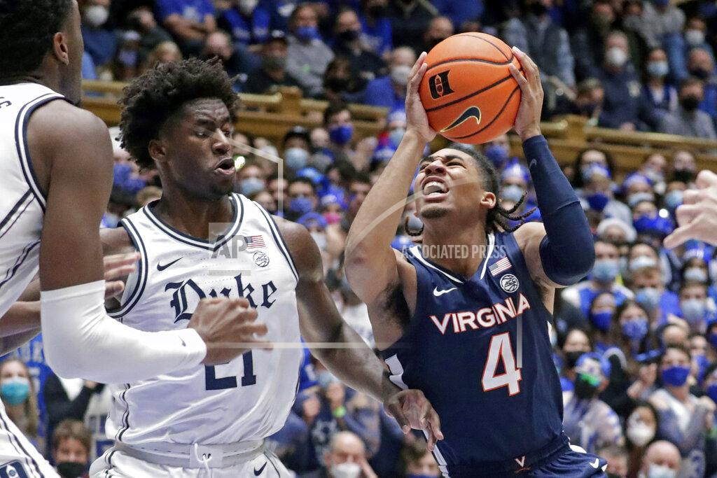 Chris Seward Virginia guard Armaan Franklin (4) drives to the hoop past Duke forward A.J. Griffin (21) during the first half of an NCAA college basketball game, Monday, Feb. 7, 2022, in Durham, N.C. (AP Photo/Chris Seward)