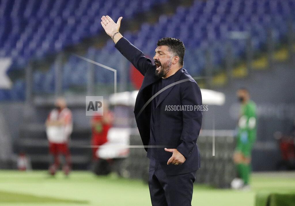 Andrew Medichini FILE - In this June 17, 2020 file photo, Napoli's head coach Gennaro Gattuso gives instructions during the Italian Cup soccer final match between Napoli and Juventus, at Rome's Olympic Stadium. With the new Serie A season set to begin this weekend, the annual question arises: can anyone stop Juventus? (AP Photo/Andrew Medichini)