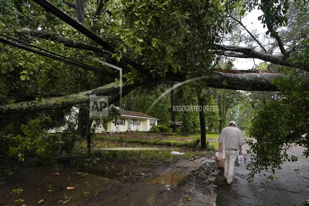 Rogelio V. Solis A northeast Jackson, Miss., resident walks past a wind toppled tree in his neighborhood, Tuesday afternoon, May 4, 2021. The severe weather was not unexpected, since the state was hit with a number of tornadoes on Sunday. (AP Photo/Rogelio V. Solis)