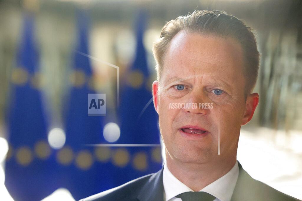 Olivier Matthys Denmark's foreign minister Jeppe Kofod speaks with the press prior to a meeting of EU foreign ministers at the European Council building in Brussels, Monday, May 16, 2022. European Union foreign ministers on Monday will discuss current affairs and have an exchange of views on the Russian aggression against Ukraine and the Global Gateway. (AP Photo/Olivier Matthys)