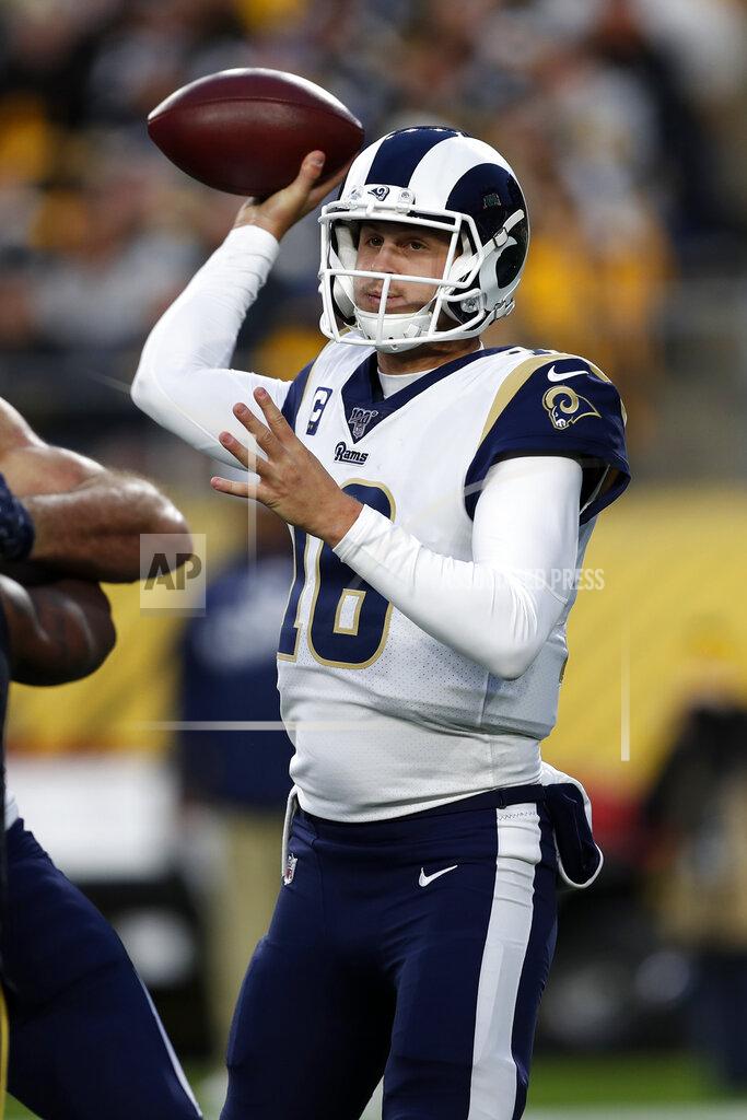 Keith Srakocic Los Angeles Rams quarterback Jared Goff looks to throw a pass during the first half of an NFL football game against the Pittsburgh Steelers in Pittsburgh, Sunday, Nov. 10, 2019. (AP Photo/Keith Srakocic)