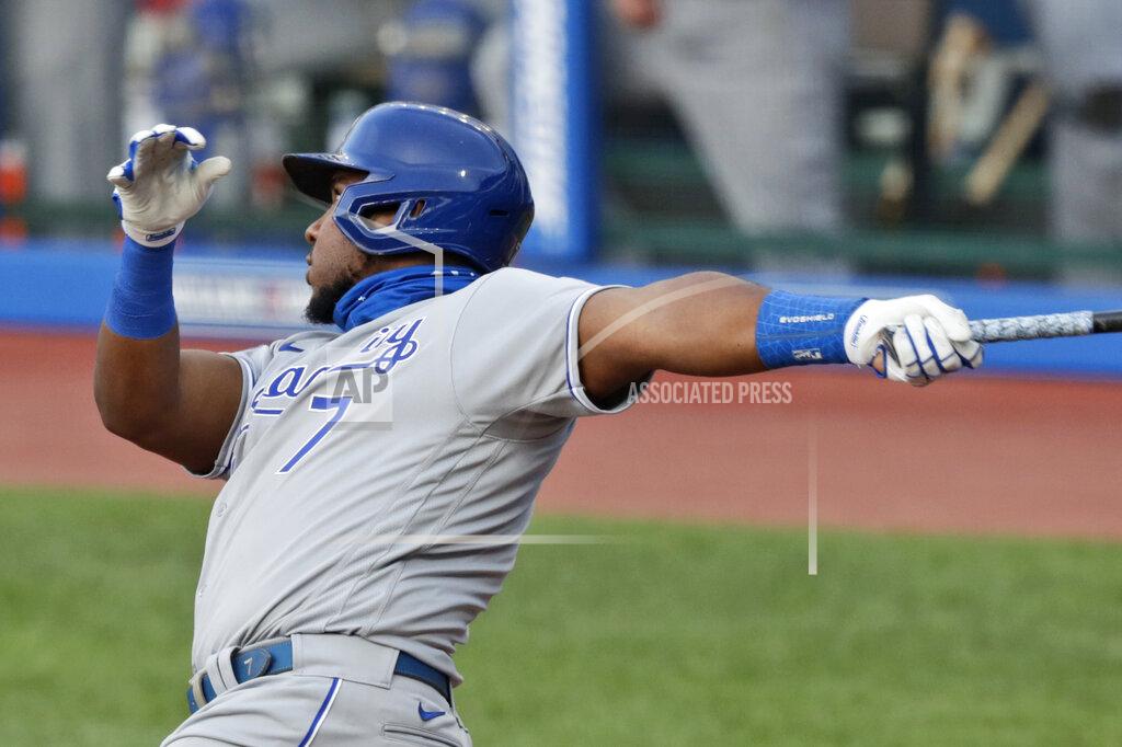 Tony Dejak Kansas City Royals' Maikel Franco watches his sacrifice fly in the 10th inning of a baseball game against the Cleveland Indians, Saturday, July 25, 2020, in Cleveland. Royals' Brett Phillips scored on the play. (AP Photo/Tony Dejak)