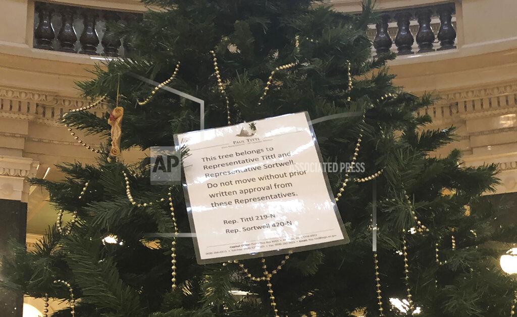 Todd Richmond An artificial Christmas tree that Republican lawmakers set up stands in the Wisconsin Capitol rotunda Monday, Dec. 7, 2020, in Madison, Wis. GOP Reps. Paul Tittl and Shae Sortwell erected the tree without a permit after Gov. Tony Evers' administration decided to forego the state's annual tradition of placing a towering evergreen in the rotunda since the building is closed due to the coronavirus pandemic. (AP Photo/Todd Richmond)