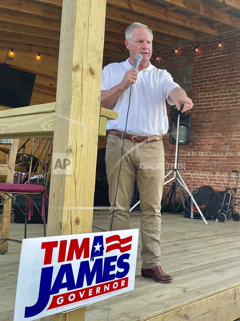 Kim Chandler FILE - Alabama Republican gubernatorial candidate Tim James speaks to a crowd in Pike Road, Ala., on May 16, 2022. James is part of a crowded field challenging Alabama Gov. Kay Ivey in the May 24, 2022, Republican primary. (AP Photo/Kim Chandler, File)
