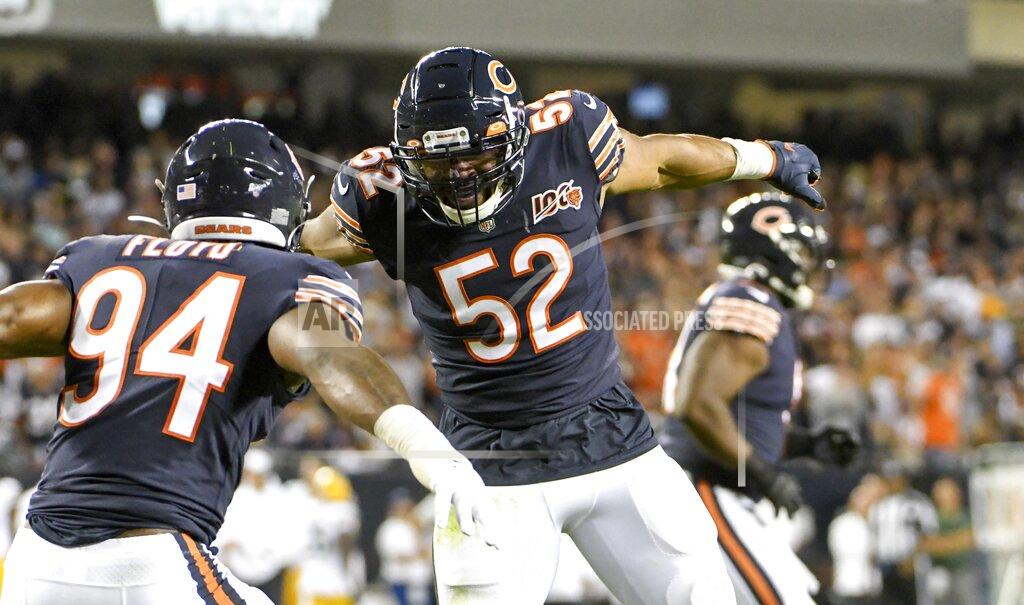 David Banks Chicago Bears' Leonard Floyd is congratulated by Khalil Mack after sacking Green Bay Packers' Aaron Rodgers during the first half of an NFL football game Thursday, Sept. 5, 2019, in Chicago. (AP Photo/David Banks)