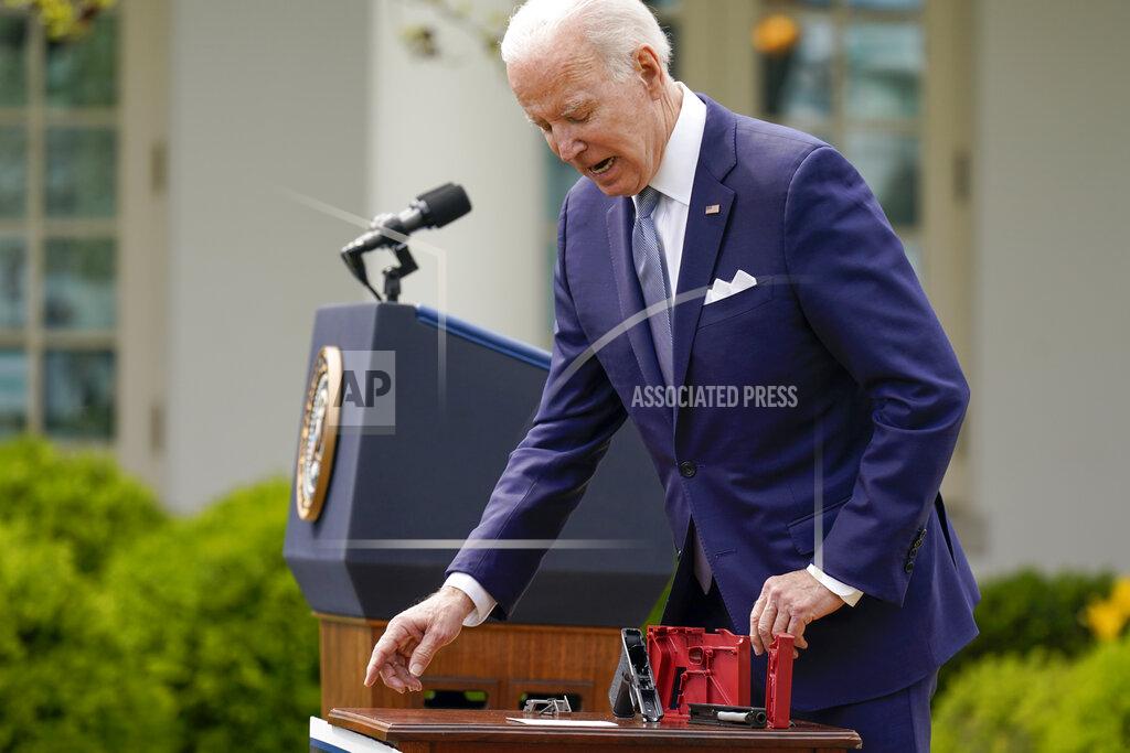 Carolyn Kaster FILE - President Joe Biden holds pieces of a 9mm pistol as he speaks in the Rose Garden of the White House in Washington, April 11, 2022. Biden announced a final version of the administration's ghost gun rule, which comes with the White House and the Justice Department under growing pressure to crack down on gun deaths. (AP Photo/Carolyn Kaster, File)