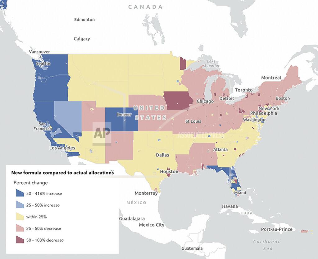 This image provided by the Howard Center for Investigative Journalism shows HUD's traditional way of calculating homeless aid doesn't take into consideration how many homeless people live in a given area. The CARES Act required a one-time change to the formula to better address homeless needs. Had this new formula been implemented a decade ago, it would have dramatically shifted homeless funding nationwide. (Austin Fast/Howard Center for Investigative Journalism via AP)