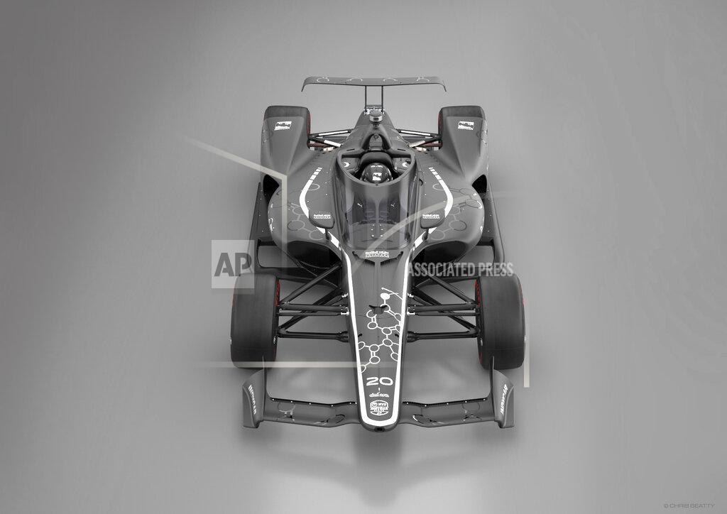 This artists rendering provided by IndyCar shows an IndyCar featuring an aeroscreen (windshield). IndyCar will use an "Aeroscreen" developed by Red Bull Advanced Technologies for cockpit protection beginning next season. The safety piece will cover the cockpit with a ballistic screen anchored by titanium framework. (Chris Beatty/IndyCar via AP)