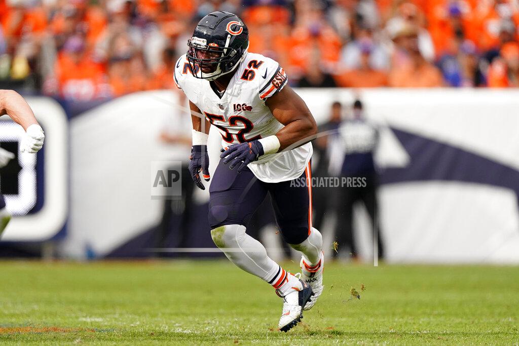 Jack Dempsey Chicago Bears outside linebacker Khalil Mack (52) runs a play against the Denver Broncos during the second half of an NFL football game, Sunday, Sept. 15, 2019, in Denver. (AP Photo/Jack Dempsey)