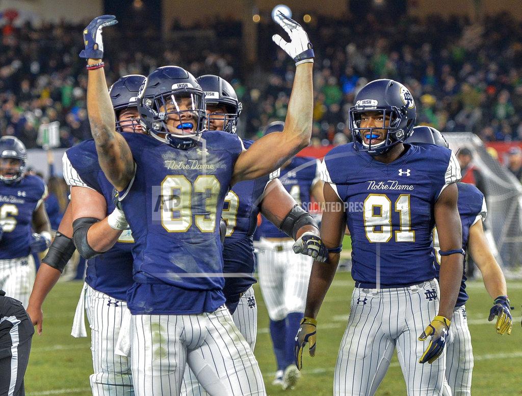Howard Simmons Notre Dame wide receiver Chase Claypool (83) celebrates a touchdown during an NCAA college football game against Syracuse, Saturday, Nov. 17, 2018, at Yankee Stadium in New York. (AP Photo/Howard Simmons)