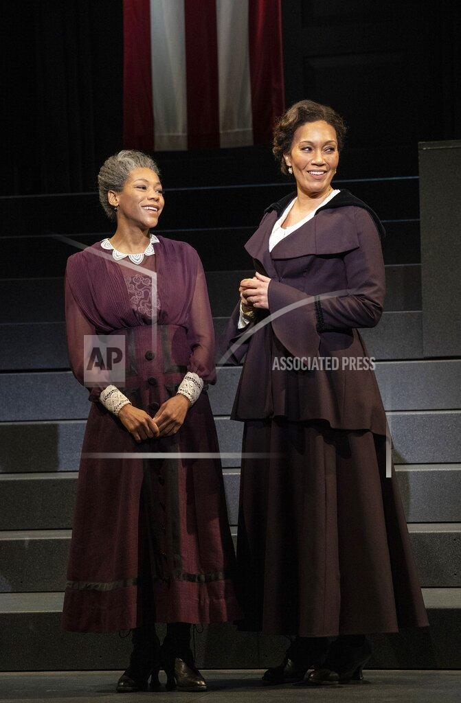 Joan Marcus This image released by The Public Theater shows Nikki M. James, left, and and Cassondra James during a performance of the musical "Suffs" at The Public Theater in New York. (Joan Marcus/The Public Theater via AP)