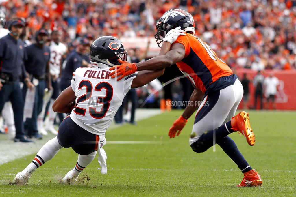 David Zalubowski Chicago Bears cornerback Kyle Fuller (23) intercepts a pass intended for Denver Broncos wide receiver Emmanuel Sanders (10) during the second half of an NFL football game, Sunday, Sept. 15, 2019, in Denver. (AP Photo/David Zalubowski)