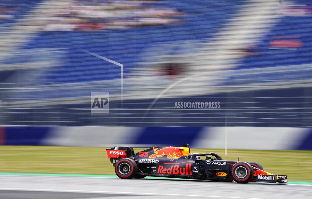 Darko Bandic Red Bull driver Max Verstappen of the Netherlands steers his car during the first free practice for the Austrian Formula One Grand Prix at the Red Bull Ring racetrack in Spielberg, Austria, Friday, July 2, 2021. The Austrian Grand Prix will be held on Sunday. (AP Photo/Darko Bandic)