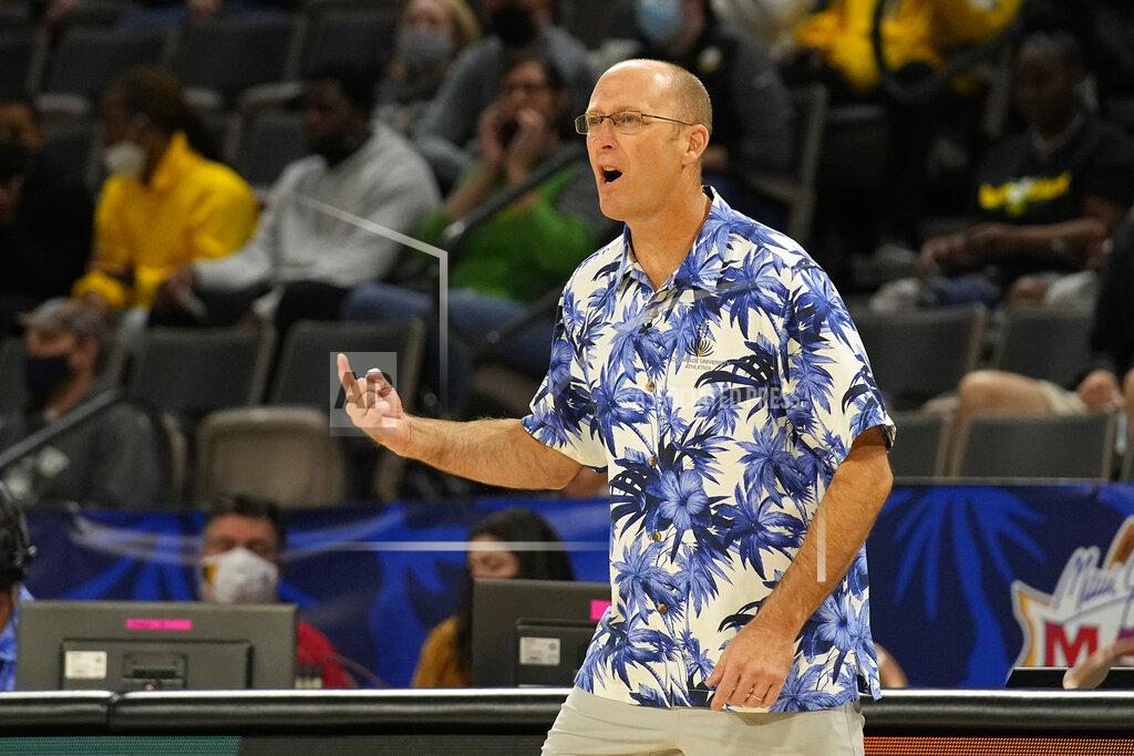 Rick Scuteri Chaminade head coach Eric Bovaird reacts to a foul call in the first half during an NCAA college basketball game against Oregon at the Maui Invitational in Las Vegas, Monday, Nov. 22, 2021. (AP Photo/Rick Scuteri)