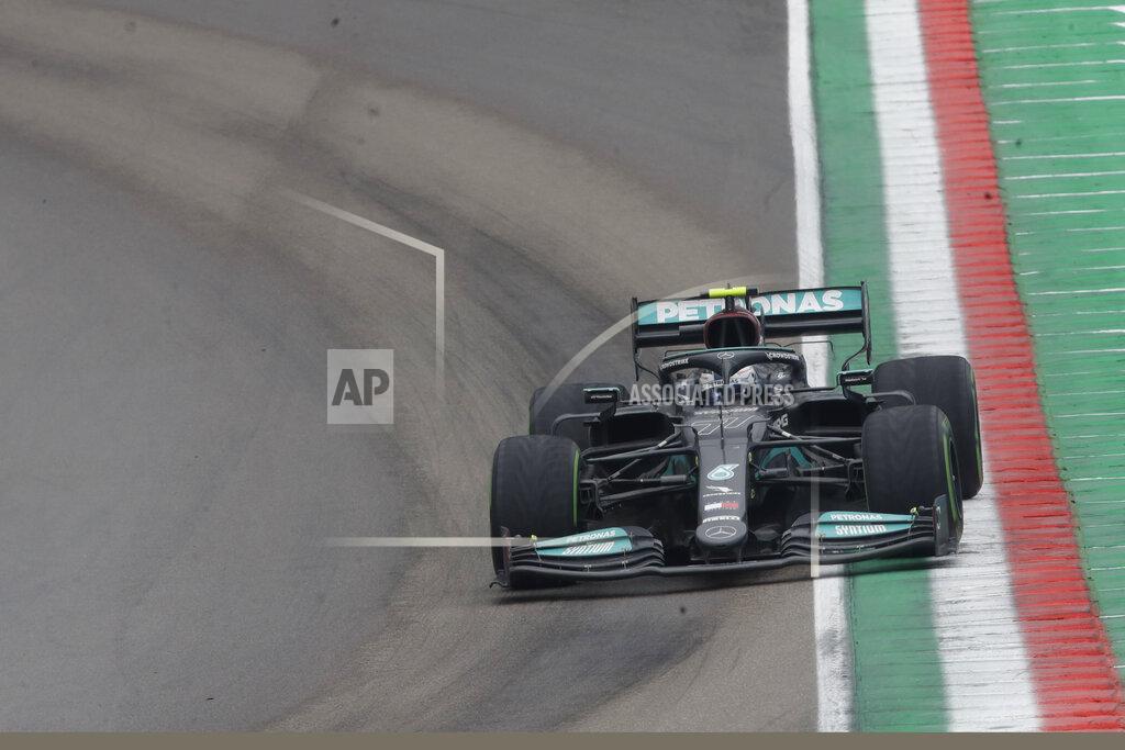 Luca Bruno Mercedes driver Valtteri Bottas of Finland steers his car during the Emilia Romagna Formula One Grand Prix, at the Imola racetrack, Italy, Sunday, April 18, 2021. (AP Photo/Luca Bruno)
