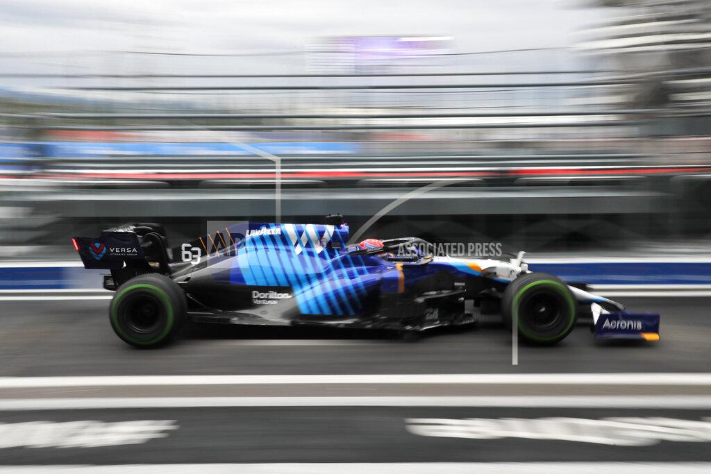 Yuri Kochetkov Williams driver George Russell of Britain steers his car during the qualifying session at the Sochi Autodrom circuit, in Sochi, Russia, Saturday, Sept. 25, 2021. The Russian Formula One Grand Prix will be held on Sunday. (Yuri Kochetkov/Pool Photo via AP)