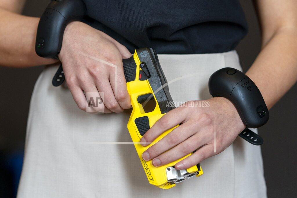 Jacquelyn Martin VR equipment and a version of the TASER 7 that utilizes VR technology for training, is demonstrated, Thursday, May 12, 2022, in Washington. (AP Photo/Jacquelyn Martin)