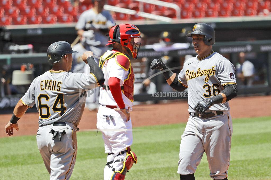 Jeff Roberson Pittsburgh Pirates' Jose Osuna (36) is congratulated by teammate Phillip Evans (64) after hitting a two-run home run as St. Louis Cardinals catcher Yadier Molina, center, stands at the plate during the fourth inning of a baseball game Sunday, July 26, 2020, in St. Louis. (AP Photo/Jeff Roberson)