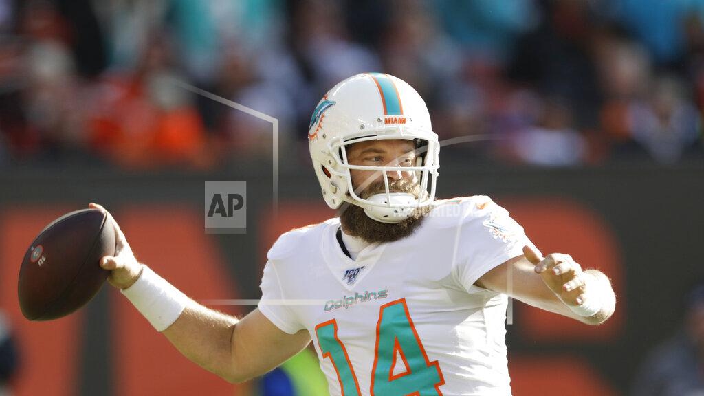 Ron Schwane Miami Dolphins quarterback Ryan Fitzpatrick throws during the first half of an NFL football game against the Cleveland Browns, Sunday, Nov. 24, 2019, in Cleveland. (AP Photo/Ron Schwane)