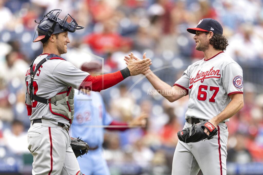 Laurence Kesterson Washington Nationals closing pitcher Kyle Finnegan (67) celebrates with catcher Yan Gomes after their team defeated the Philadelphia Phillies in a baseball game, Thursday, July 29, 2021, in Philadelphia in the first game of a double header. (AP Photo/Laurence Kesterson)
