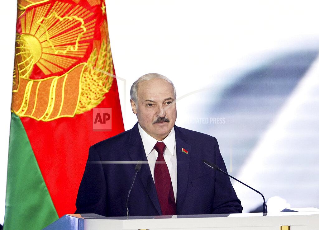Maxim Guchek Belarus President Alexander Lukashenko delivers his speech during a state-of-the-nation address ahead of Sunday's election in Minsk, Belarus, Tuesday, Aug. 4, 2020. Belarus's authoritarian leader is vowing to maintain a close alliance with Russia despite the latest tensions as he seeks a sixth term in office amid a surge of opposition protests. President Alexander Lukashenko's comments in a state-of-the-nation address ahead of Sunday's election contrast with his diatribes against Russia last week. (Maxim Guchek/BelTA Pool Photo via AP)