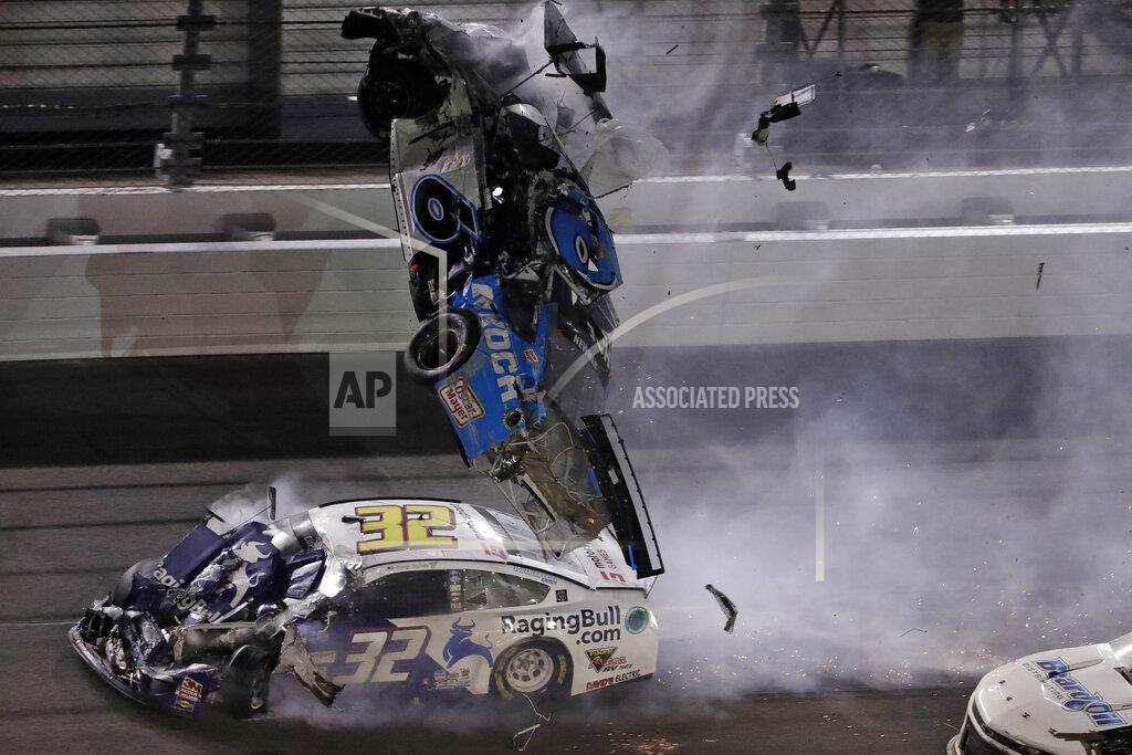 Chris O'meara Ryan Newman (6) goes airborne after crashing into Corey LaJoie (32) during the NASCAR Daytona 500 auto race Monday, Feb. 17, 2020, at Daytona International Speedway in Daytona Beach, Fla. Sunday's running of the race was postponed by rain. (AP Photo/Chris O'Meara)