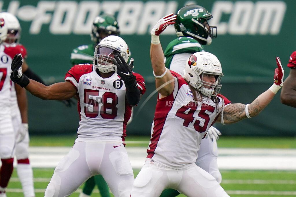Seth Wenig Arizona Cardinals linebacker Dennis Gardeck (45) celebrates with middle linebacker Jordan Hicks (58) after sacking New York Jets quarterback Joe Flacco during the second half of an NFL football game, Sunday, Oct. 11, 2020, in East Rutherford. (AP Photo/Seth Wenig)