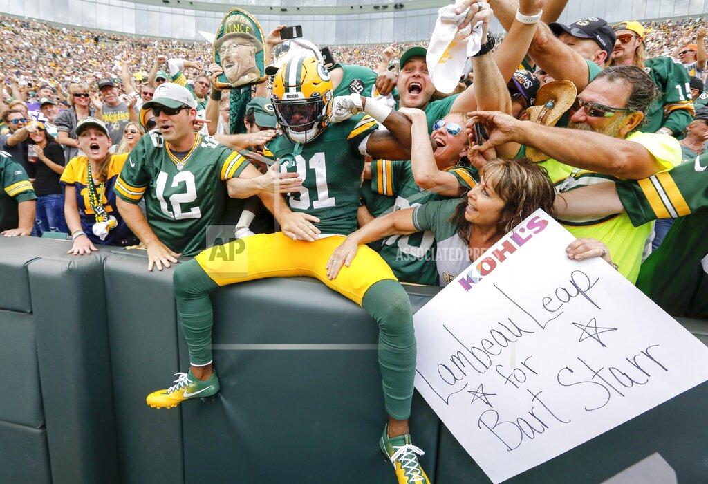 Mike Roemer Green Bay Packers' Geronimo Allison, center, celebrates his touchdown catch during the first half of an NFL football game against the Minnesota Vikings, Sunday, Sept. 15, 2019, in Green Bay, Wis. (AP Photo/Mike Roemer)