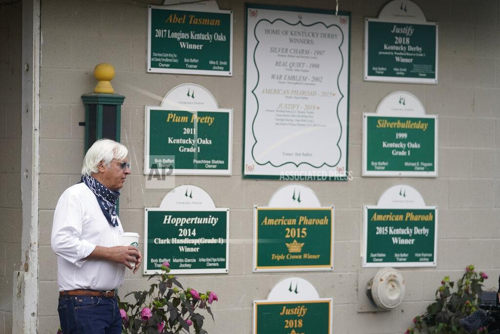 Darron Cummings Trainer Bob Baffert stands outside of his stables at Churchill Downs, Wednesday, Sept. 2, 2020, in Louisville, Ky. The 146th running of the Kentucky Derby is scheduled for Saturday, Sept. 5. (AP Photo/Darron Cummings)