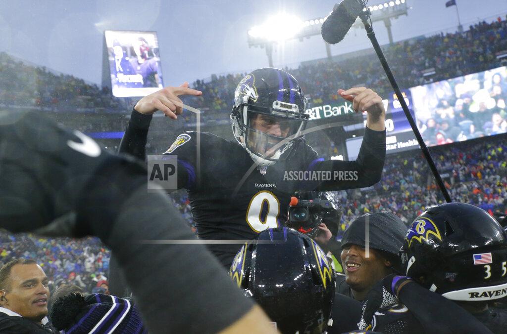 Julio Cortez Baltimore Ravens kicker Justin Tucker (9) is carried off field by his teammates after making a game winning field goal against the San Francisco 49ers in an NFL football game, Sunday, Dec. 1, 2019, in Baltimore, Md. Ravens won 20-17. (AP Photo/Julio Cortez)