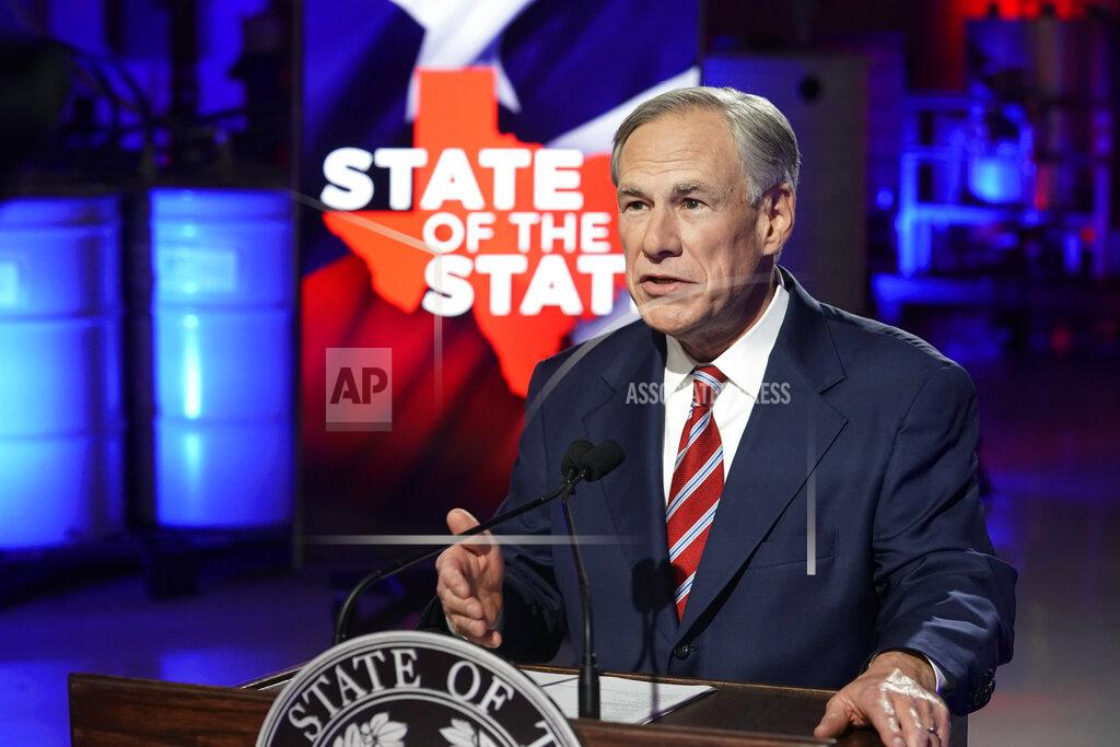 Bob Daemmrich Texas Gov. Greg Abbott prepares to deliver his State of the State speech at Visionary Fiber Technologies, for the first time outside the Capitol, Monday, Feb. 1, 2021, in Lockhart, Texas. (Bob Daemmrich/Pool Photo via AP)