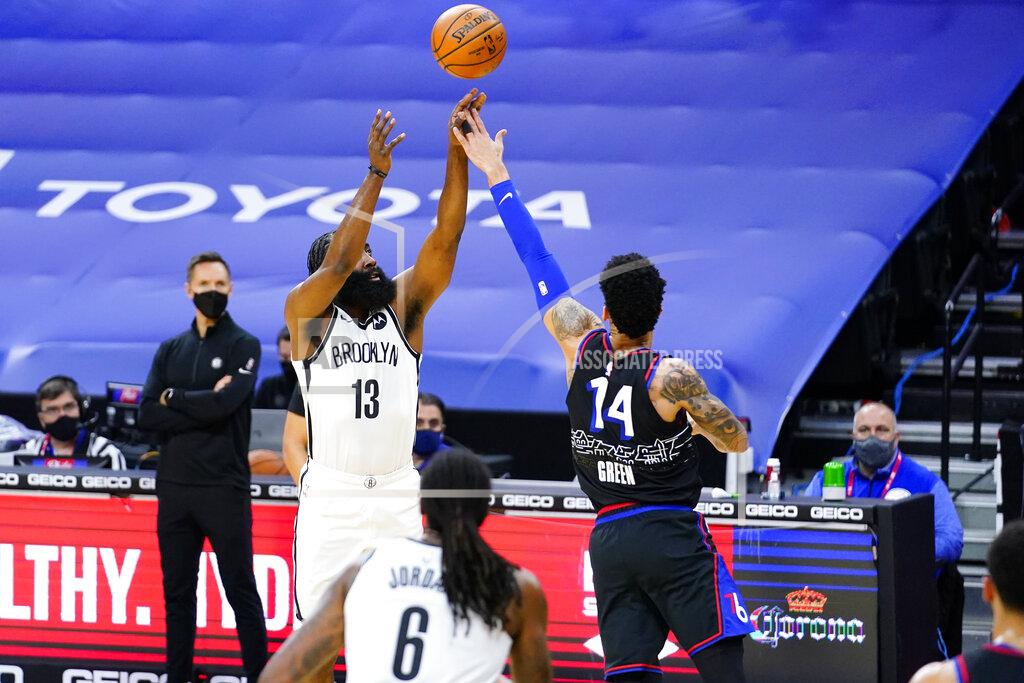 Matt Slocum Brooklyn Nets' James Harden (13) goes up for a shot against Philadelphia 76ers' Danny Green (14) during the first half of an NBA basketball game, Saturday, Feb. 6, 2021, in Philadelphia. (AP Photo/Matt Slocum)