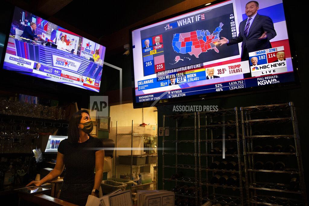 Paula Bronstein Bartender Sam Schilke watches election results on television at a bar and grill Tuesday, Nov. 3, 2020, in Portland, Ore. (AP Photo/Paula Bronstein)