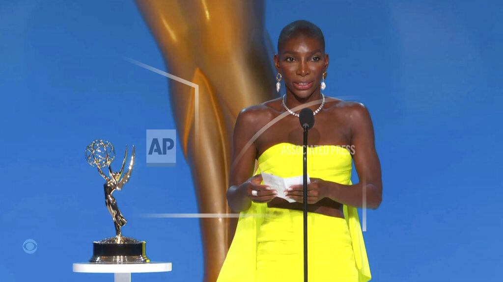 Uncredited In this video grab issued Sunday, Sept. 19, 2021, by the Television Academy, Michaela Coel accepts the award for outstanding writing for a limited or anthology series or movie for "I May Destroy You" during the Primetime Emmy Awards. (Television Academy via AP)