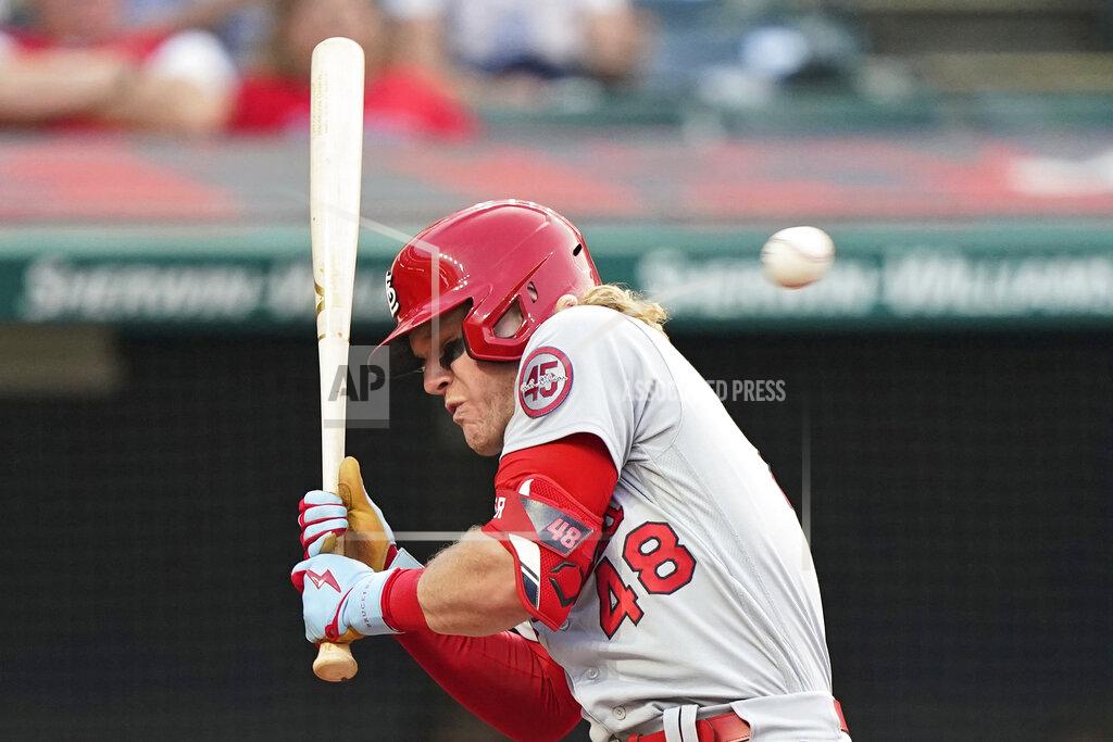 Tony Dejak St. Louis Cardinals' Harrison Bader avoids getting hit by a pitch during the fifth inning of the team's baseball game against the Cleveland Indians, Tuesday, July 27, 2021, in Cleveland. (AP Photo/Tony Dejak)