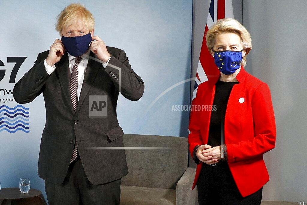 Peter Nicholls Britain's Prime Minister Boris Johnson meets with European Commission President Ursula von der Leyen during the G7 summit in Cornwall, England, Saturday June 12, 2021. (Peter Nicholls/Pool via AP)